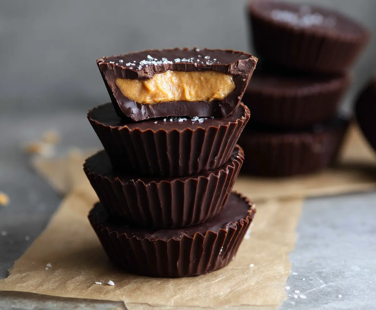 Homemade dark chocolate peanut butter cups on a plate with a glossy finish and rich texture.