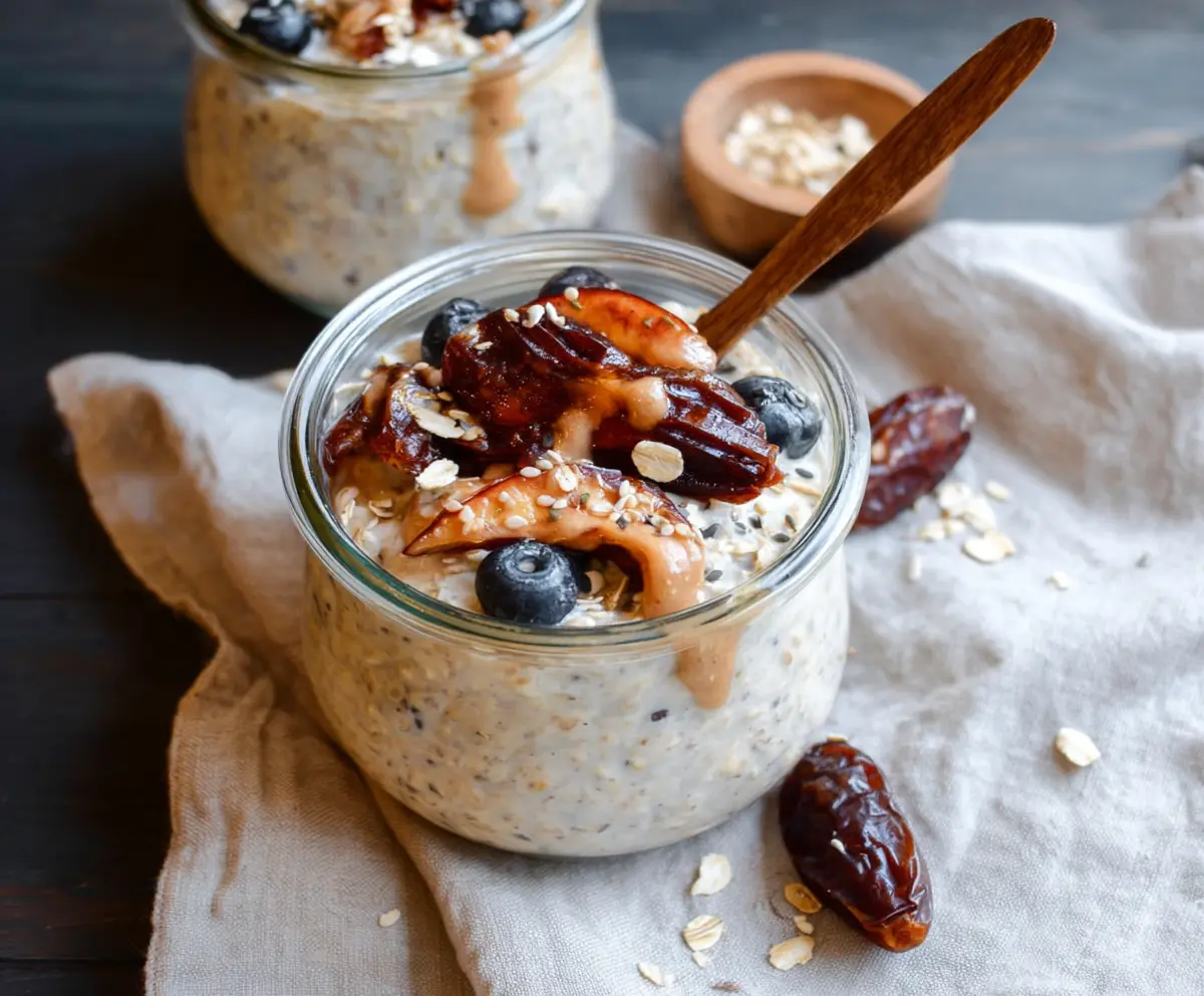 Creamy Date and Tahini Overnight Oats in a glass jar with fresh dates and sesame seeds