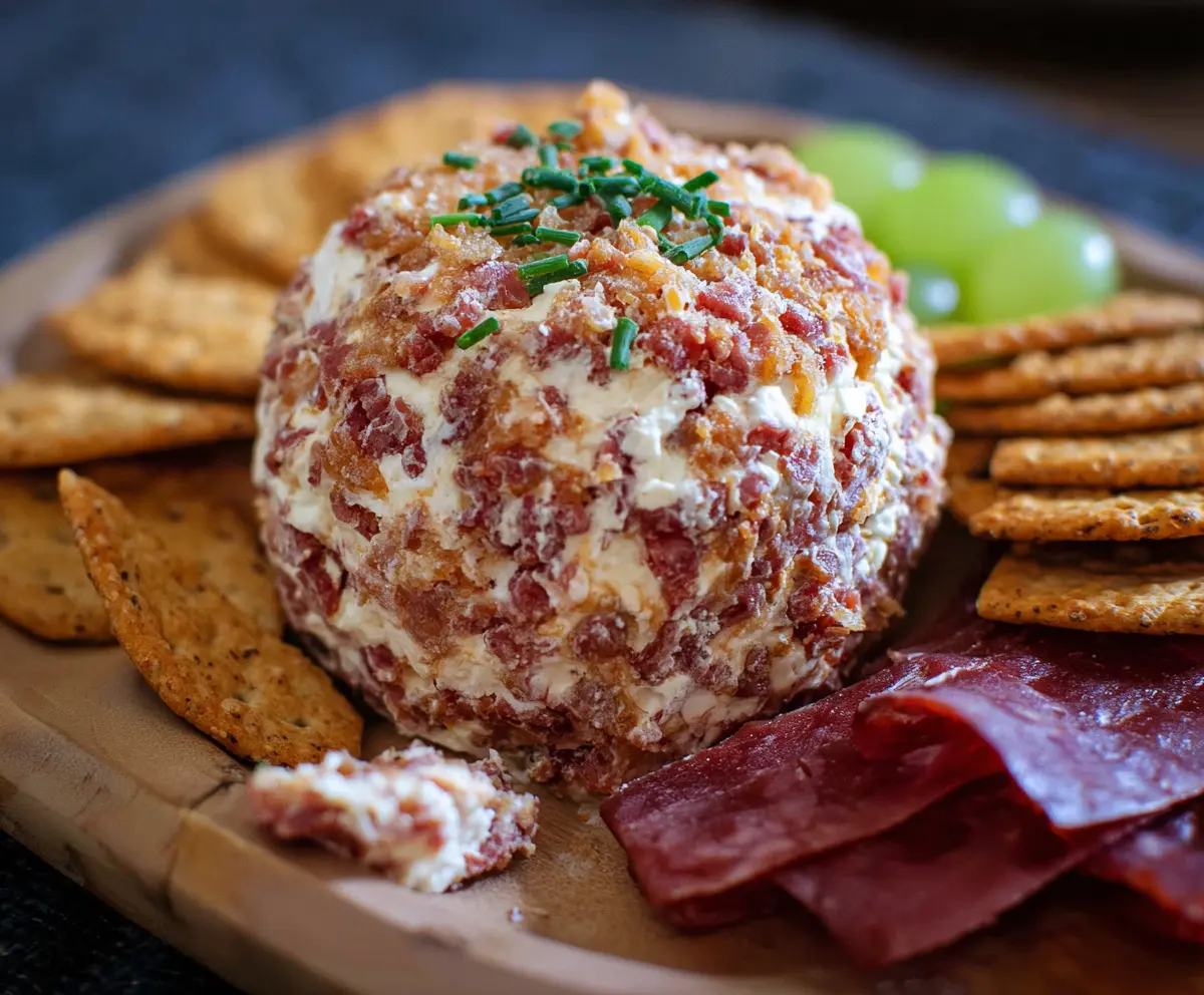 Dried beef cheese ball appetizer on a serving platter with herbs and crackers