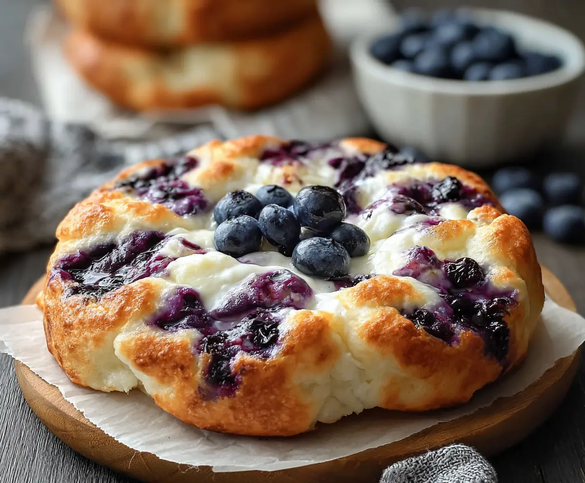 Delicious fluffy cottage cheese blueberry cloud bread on a plate with fresh blueberries and mint garnish.