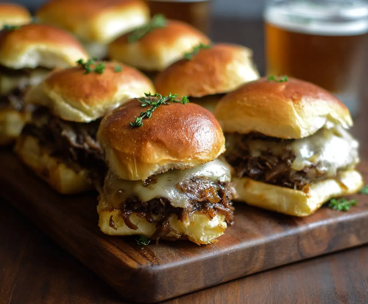 Delicious French Onion Beef Sliders topped with melted cheese and caramelized onions.