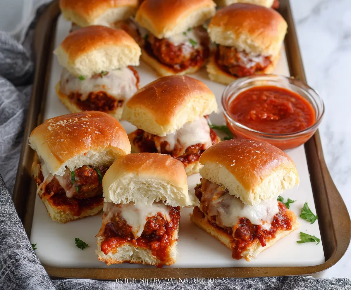 Delicious Game Day Meatball Sliders with melted cheese and marinara sauce, perfect for parties.