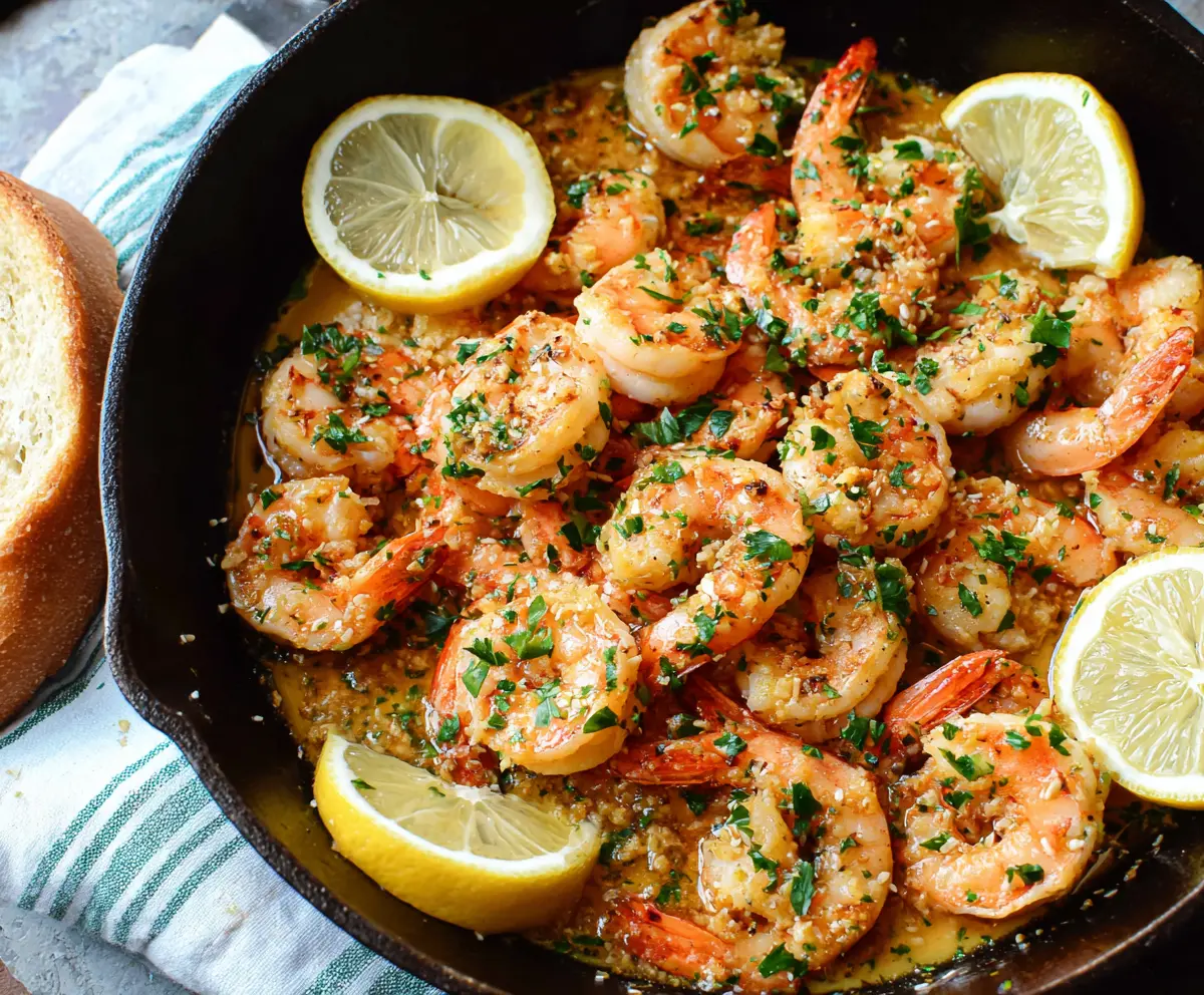 Delicious garlic butter lemon shrimp served on a plate, garnished with fresh herbs.