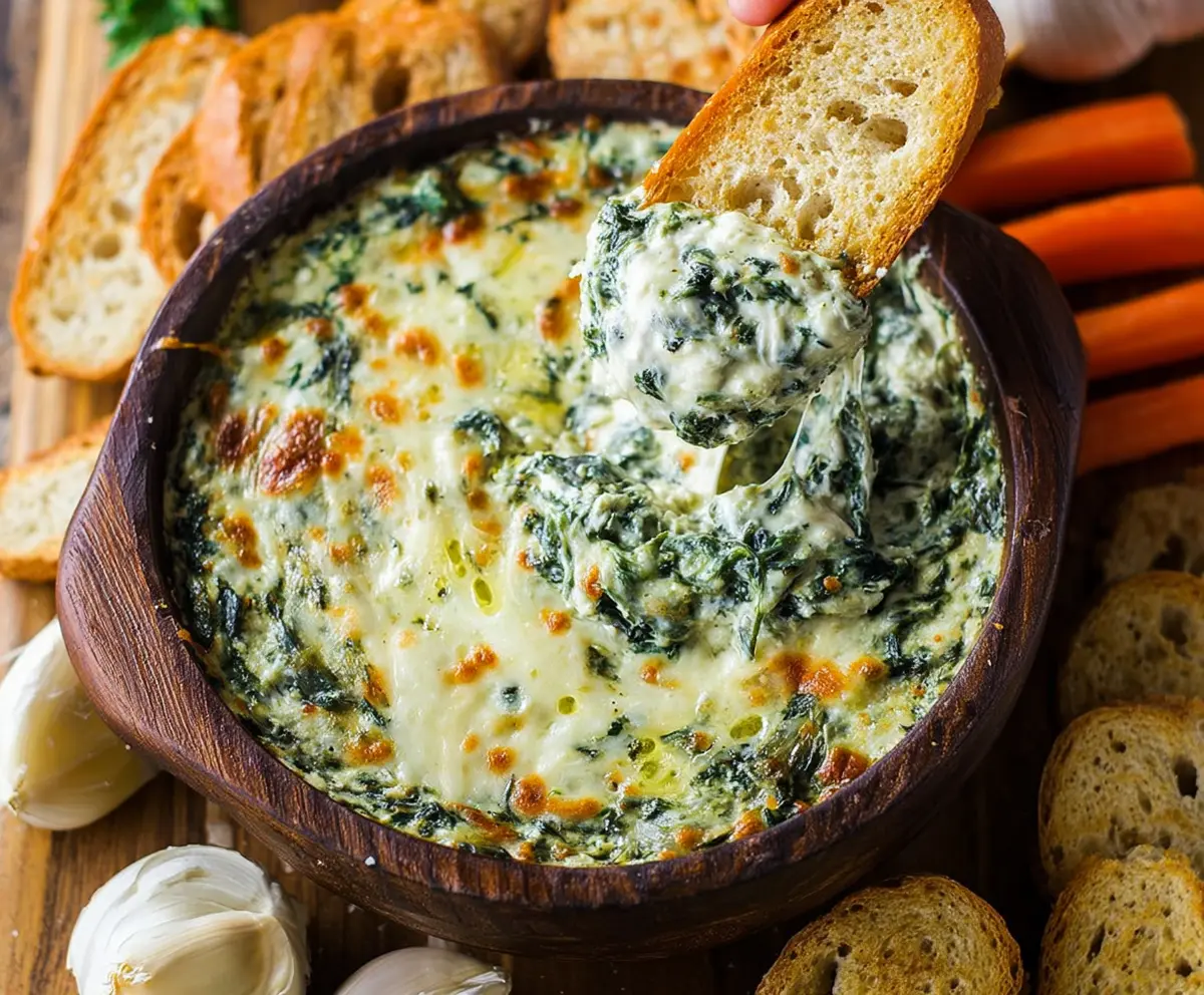 Creamy garlic parmesan spinach dip in a bowl, perfect for parties and snacks.