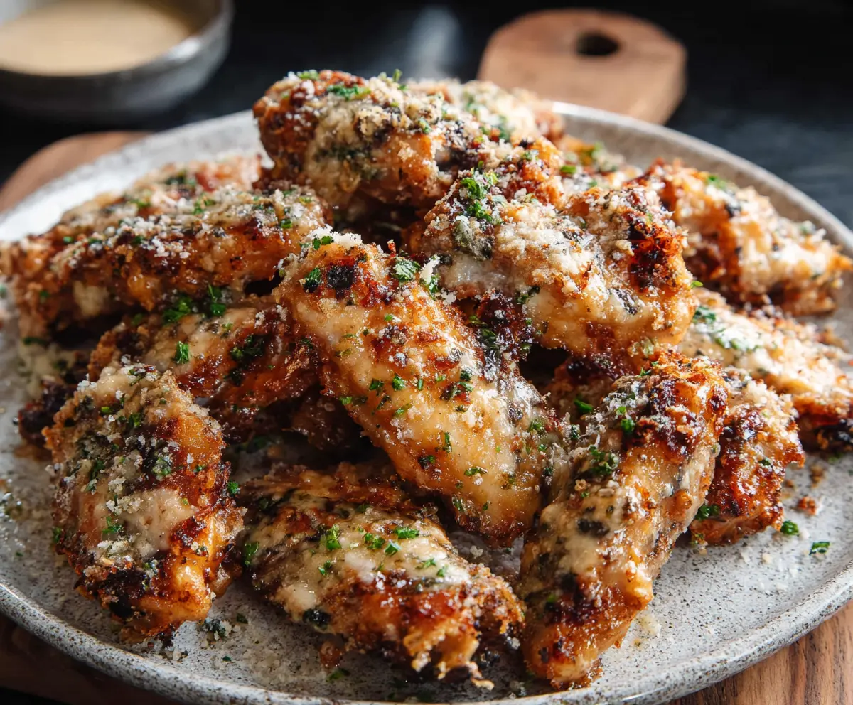 Crispy garlic parmesan wings garnished with fresh herbs on a white plate.