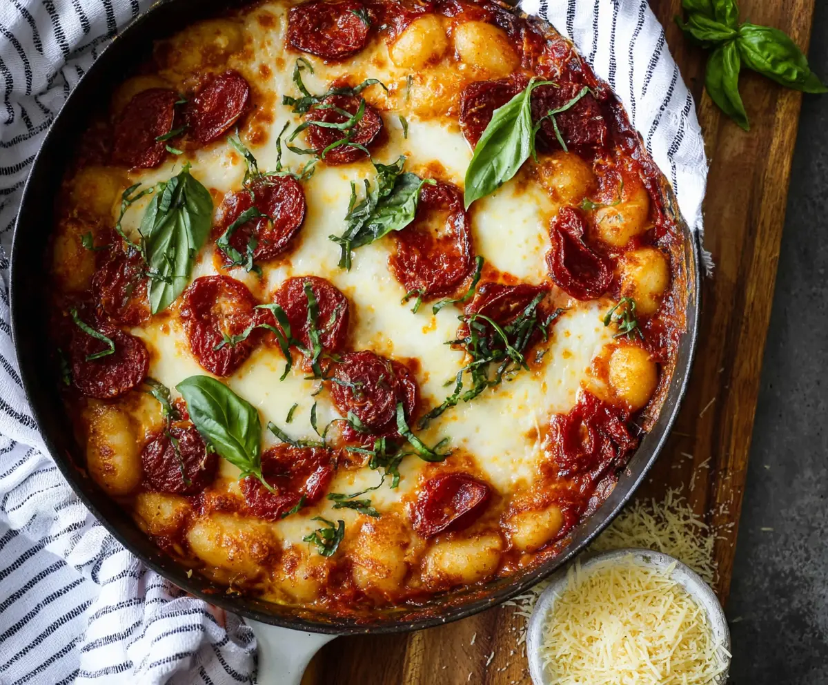 Delicious gnocchi pizza topped with melted cheese and fresh herbs, ready to enjoy.