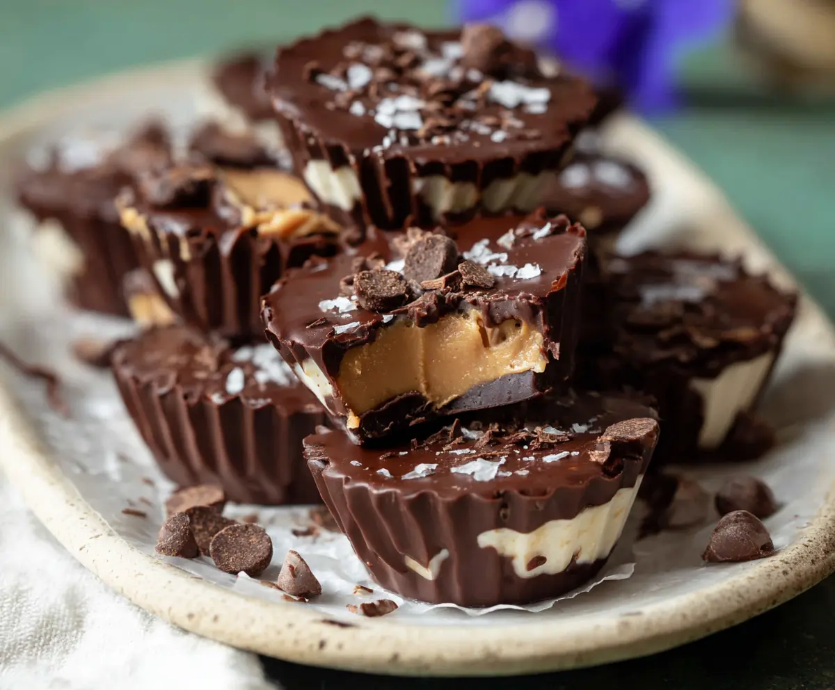 Healthy frozen peanut butter Greek yogurt cups topped with chocolate, perfect for a nutritious snack.