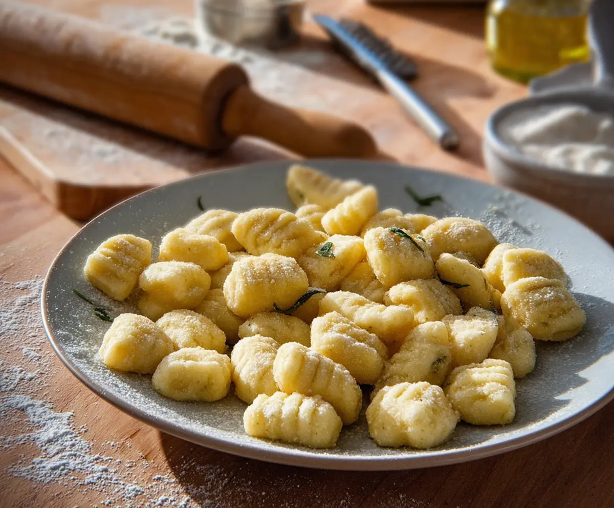 Delicious homemade potato gnocchi served with fresh herbs and melted butter.