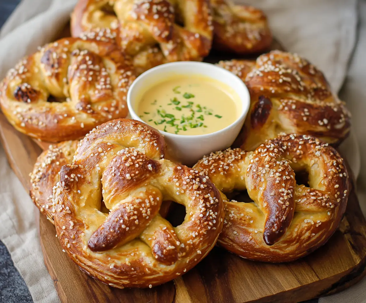 Delicious homemade pretzels served with creamy queso cheese dip on a rustic table.