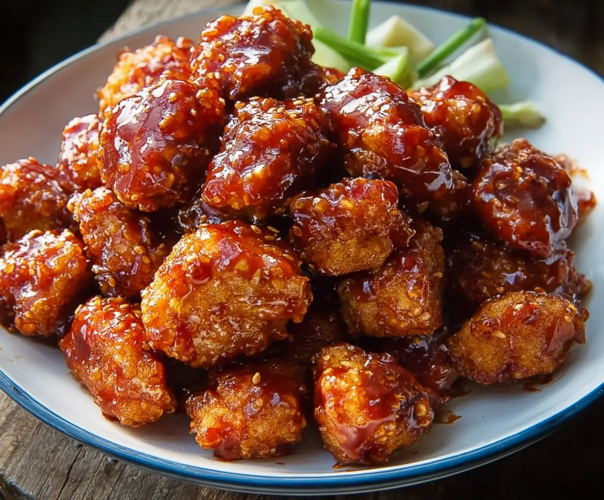 Crispy Honey BBQ Popcorn Chicken served on a platter with dipping sauce