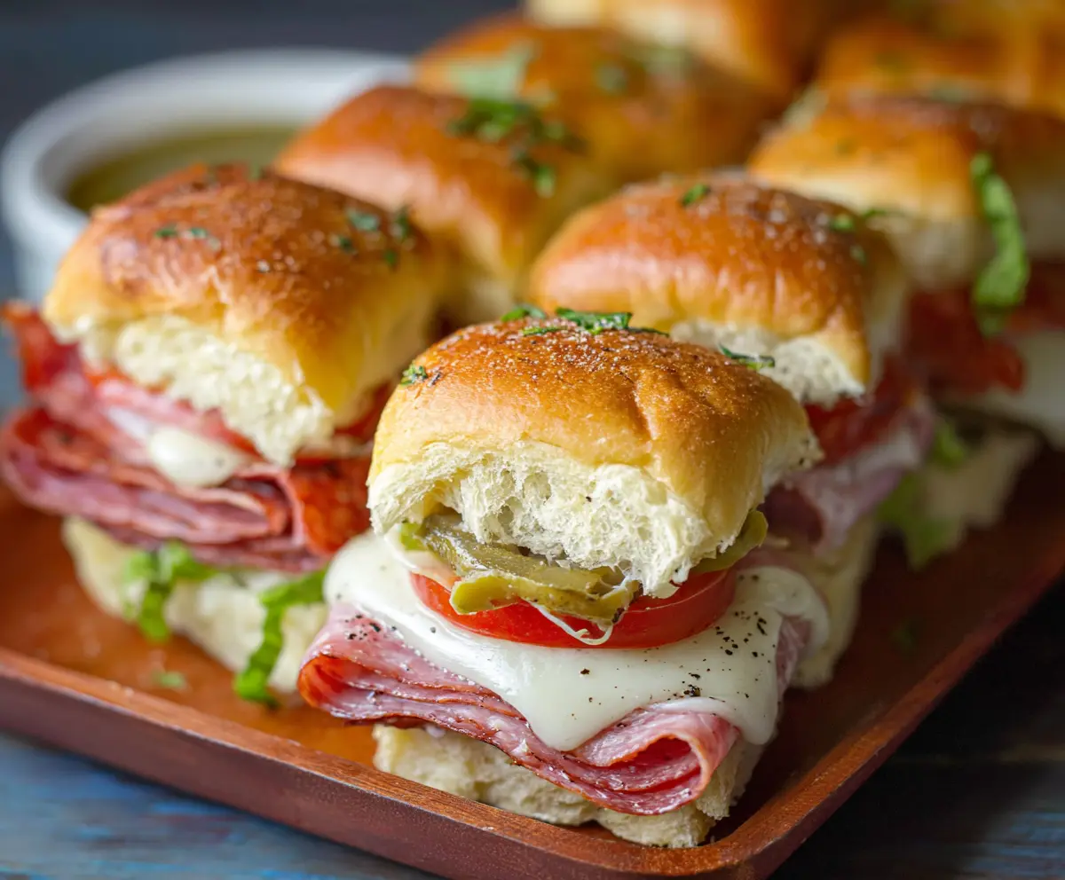 Delicious Hot Italian Sub Sliders topped with melted cheese and Italian meats.