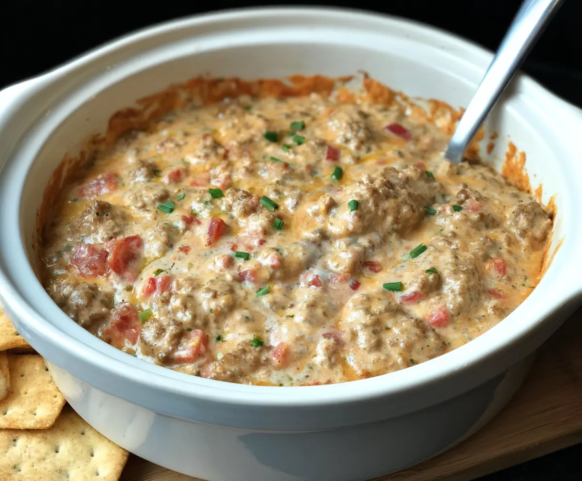 Delicious Hot Ranch Sausage Dip served in a white bowl, garnished with chopped herbs, perfect for parties and gatherings.