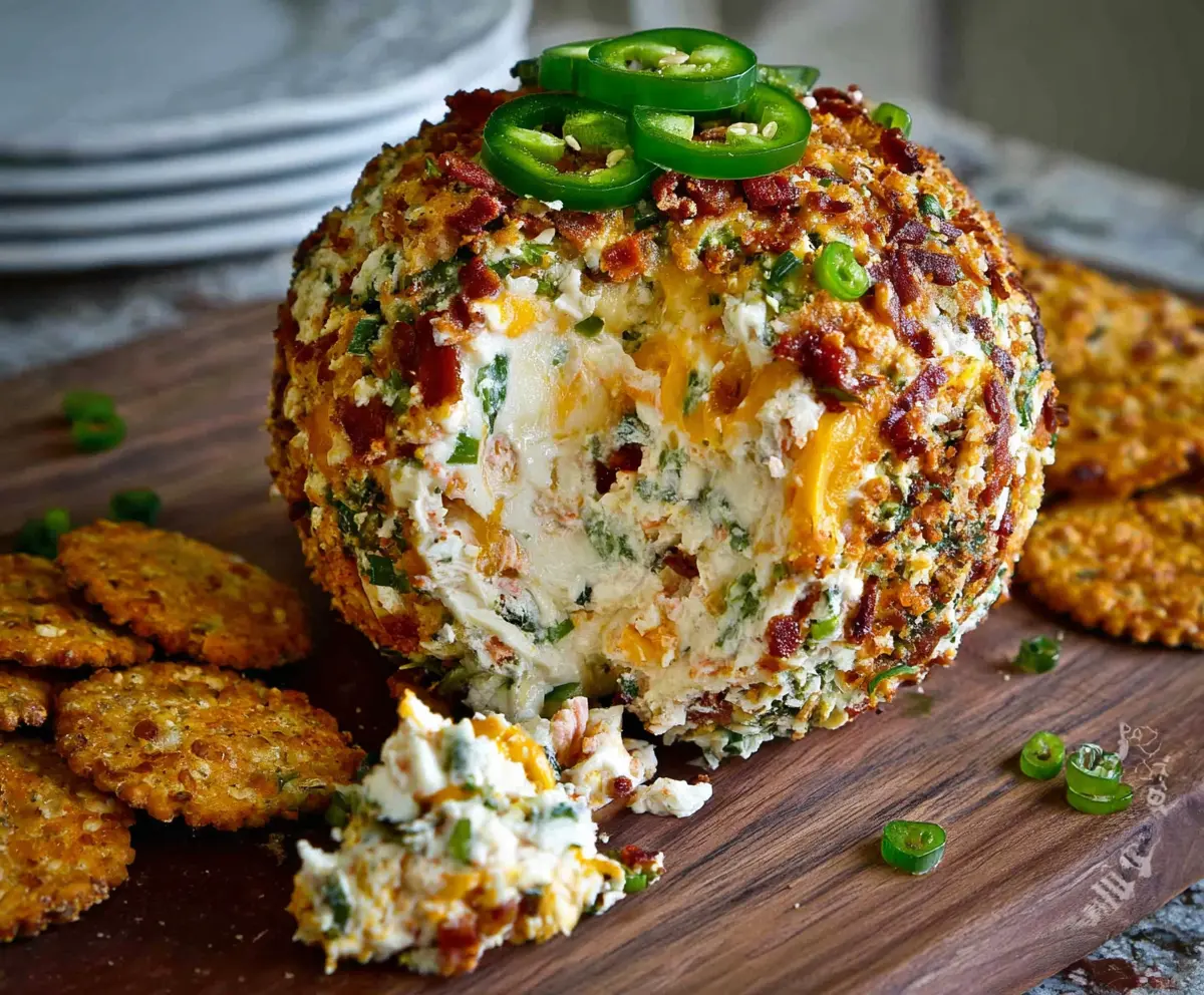 Creamy Jalapeno Popper Cheese Ball garnished with chopped jalapenos and herbs for a spicy appetizer.