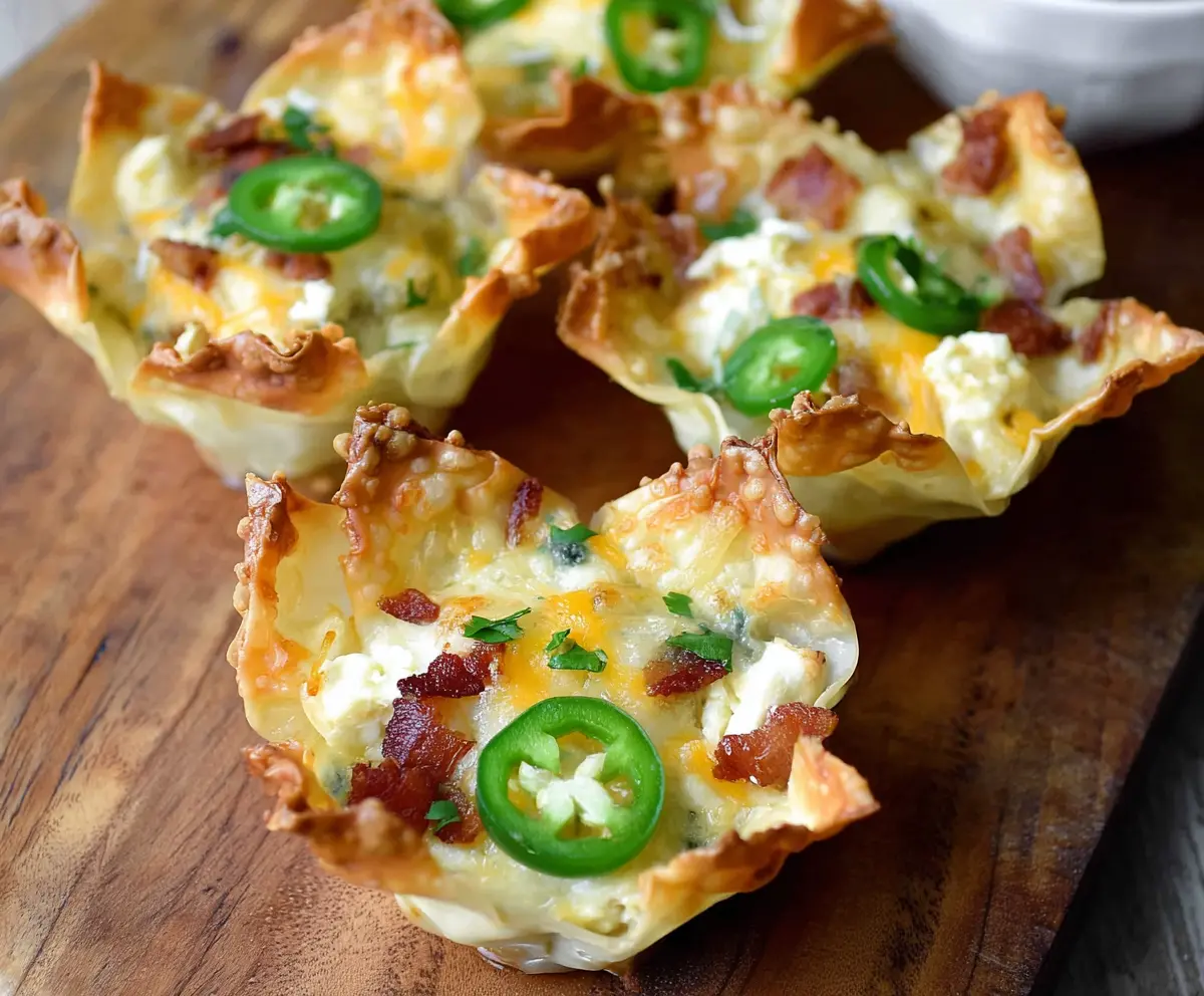 Delicious jalapeno popper wonton cups filled with creamy cheese and spicy jalapenos, perfect appetizer.