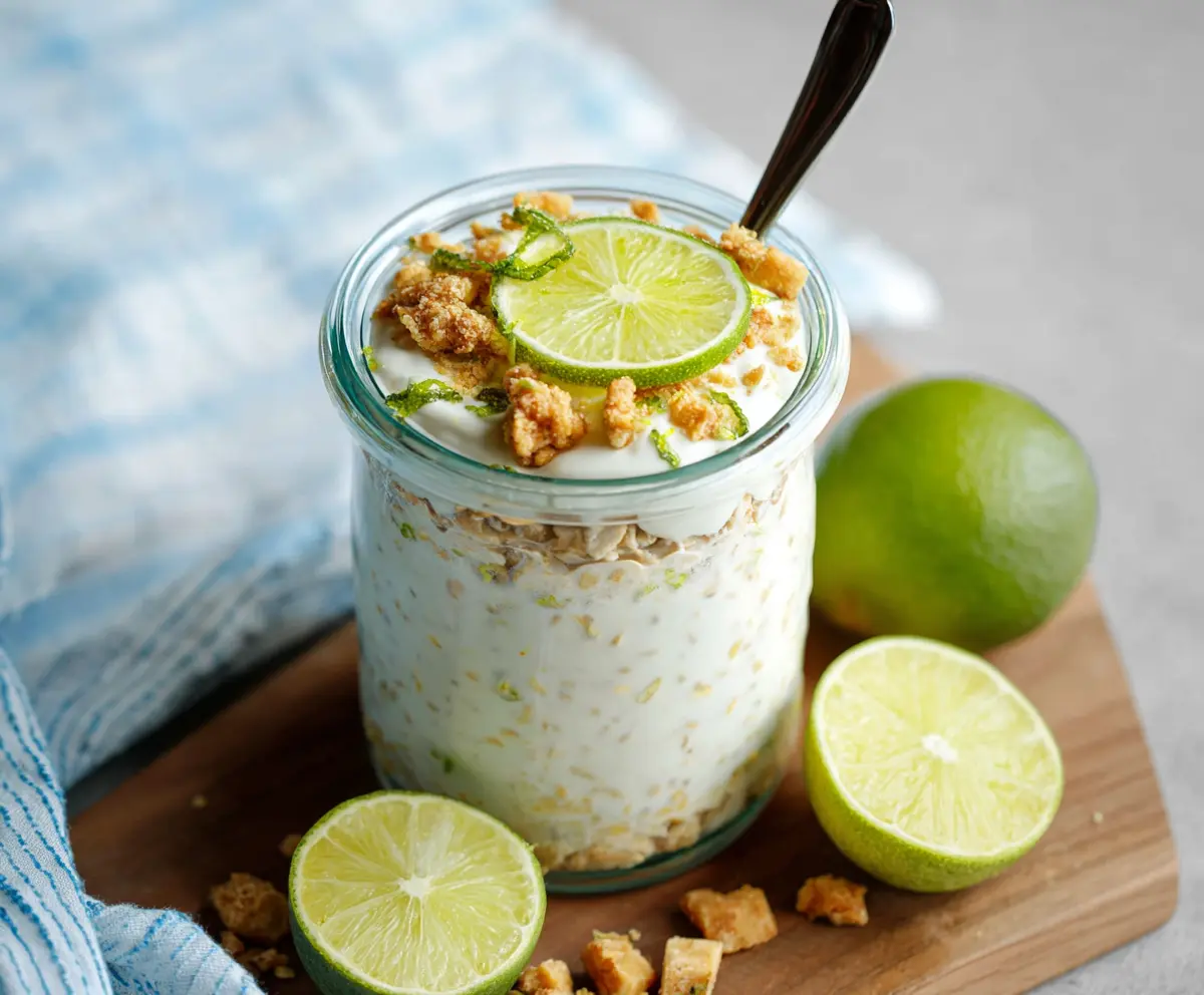 Creamy Key Lime Pie Overnight Oats in a glass jar topped with whipped cream and lime zest for a refreshing breakfast.