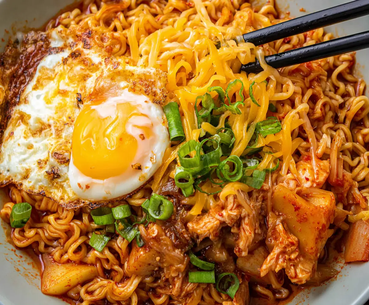 Delicious Kimchi Cheese Ramen in a bowl with melted cheese and spicy kimchi toppings