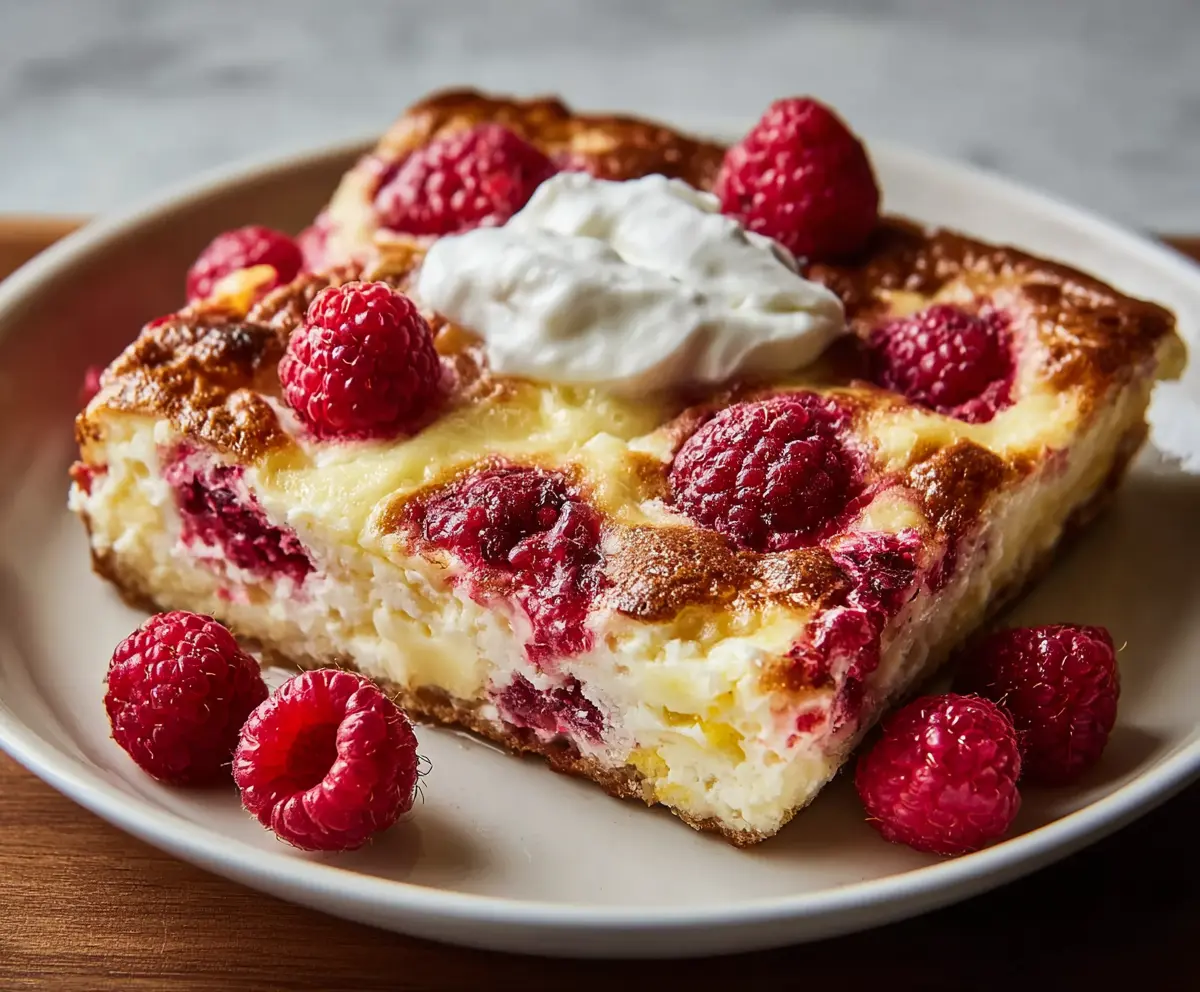 Delicious Lemon Raspberry Cottage Cheese Bake served in a ceramic dish, garnished with fresh raspberries and lemon slices.