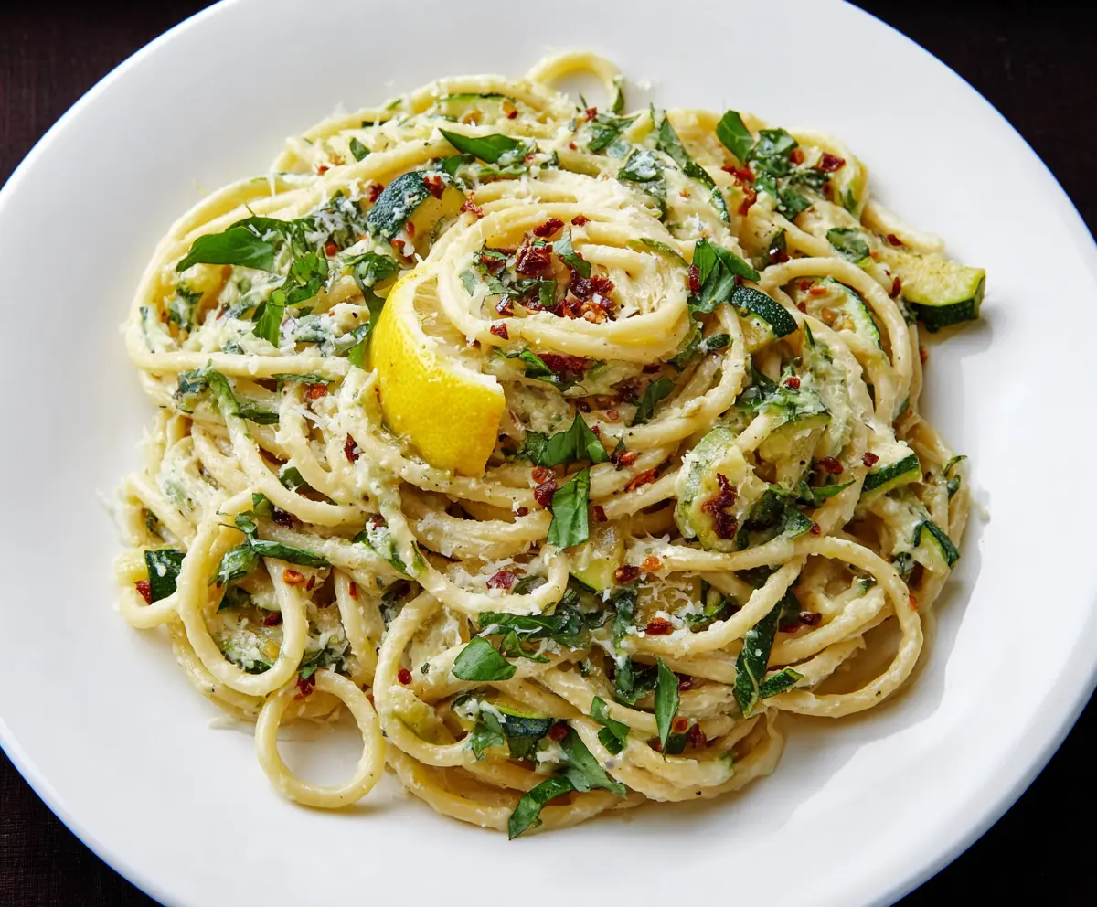 Fresh Lemon Zucchini Pasta with grated cheese served on a white plate, vibrant and appetizing.
