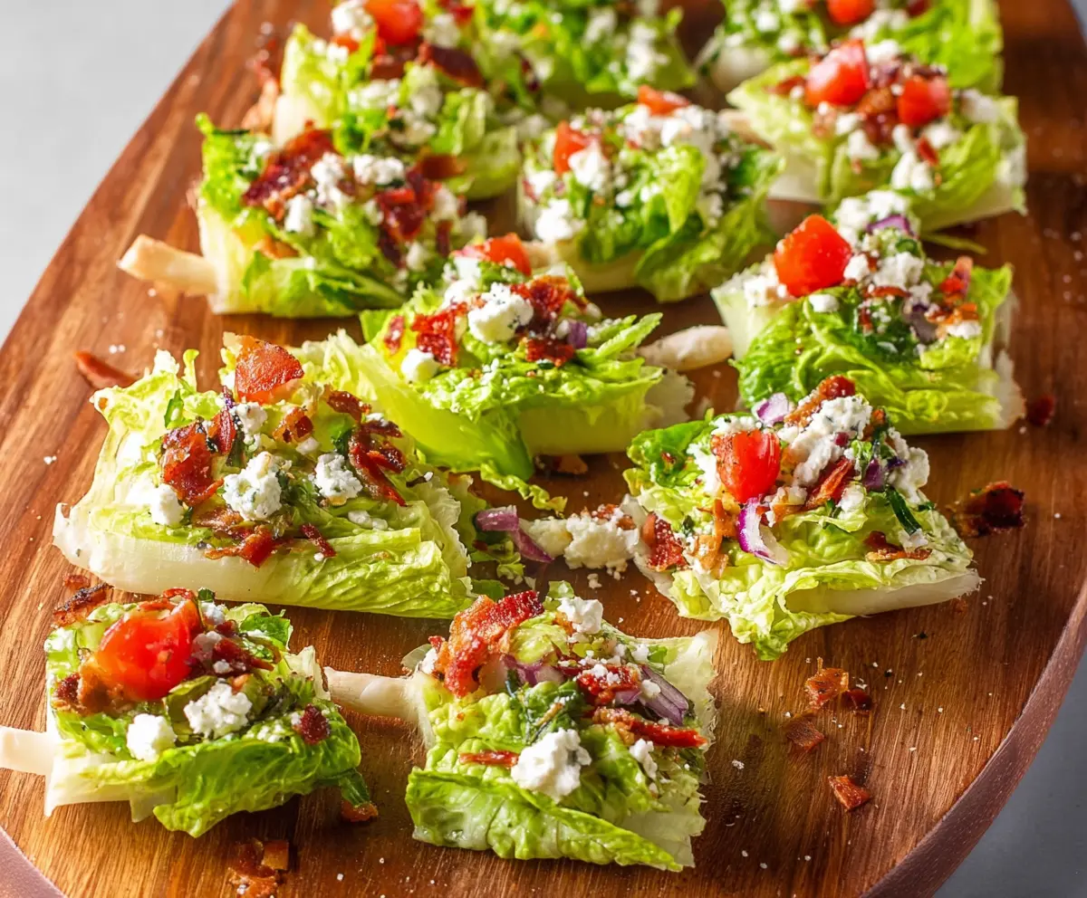 Delicious lettuce wedge bites with creamy dressing and crunchy toppings perfect for a fresh appetizer.