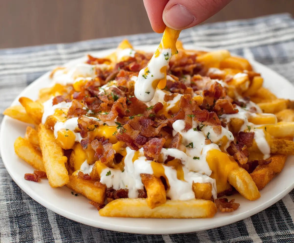 Loaded Bacon Ranch French Fries topped with crispy bacon, melted cheese, and fresh green onions.