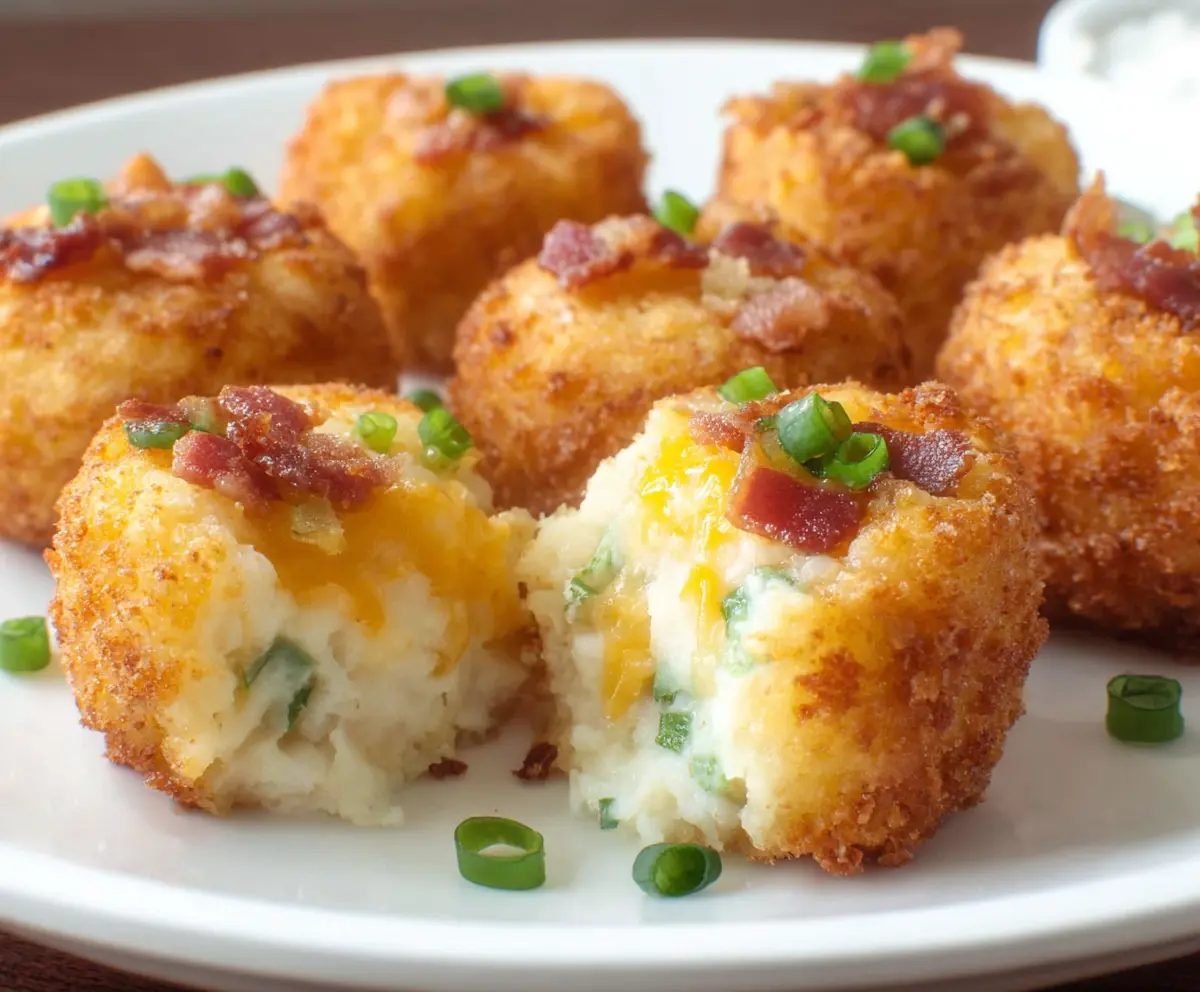 Delicious loaded mashed potato bites topped with cheese, bacon, and green onions on a platter.