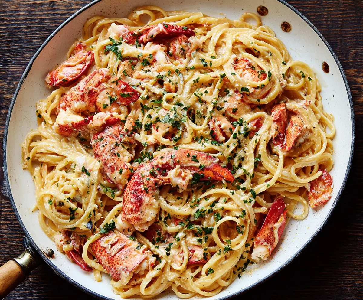 Delicious lobster pasta dish with fresh seafood and creamy sauce on a white plate.