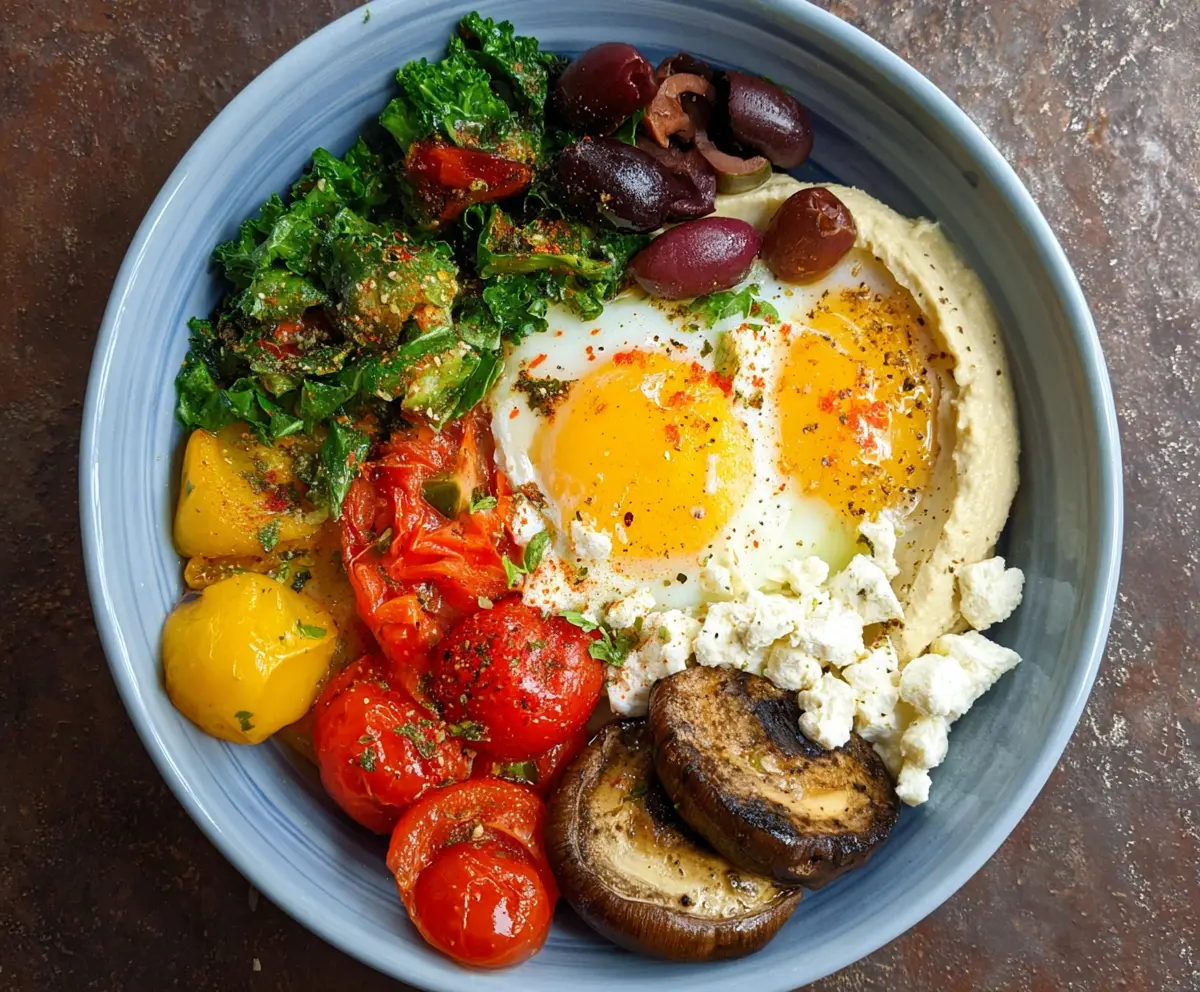 Colorful Mediterranean Breakfast Bowl with fresh vegetables, hummus, and pita bread on a rustic wooden table.