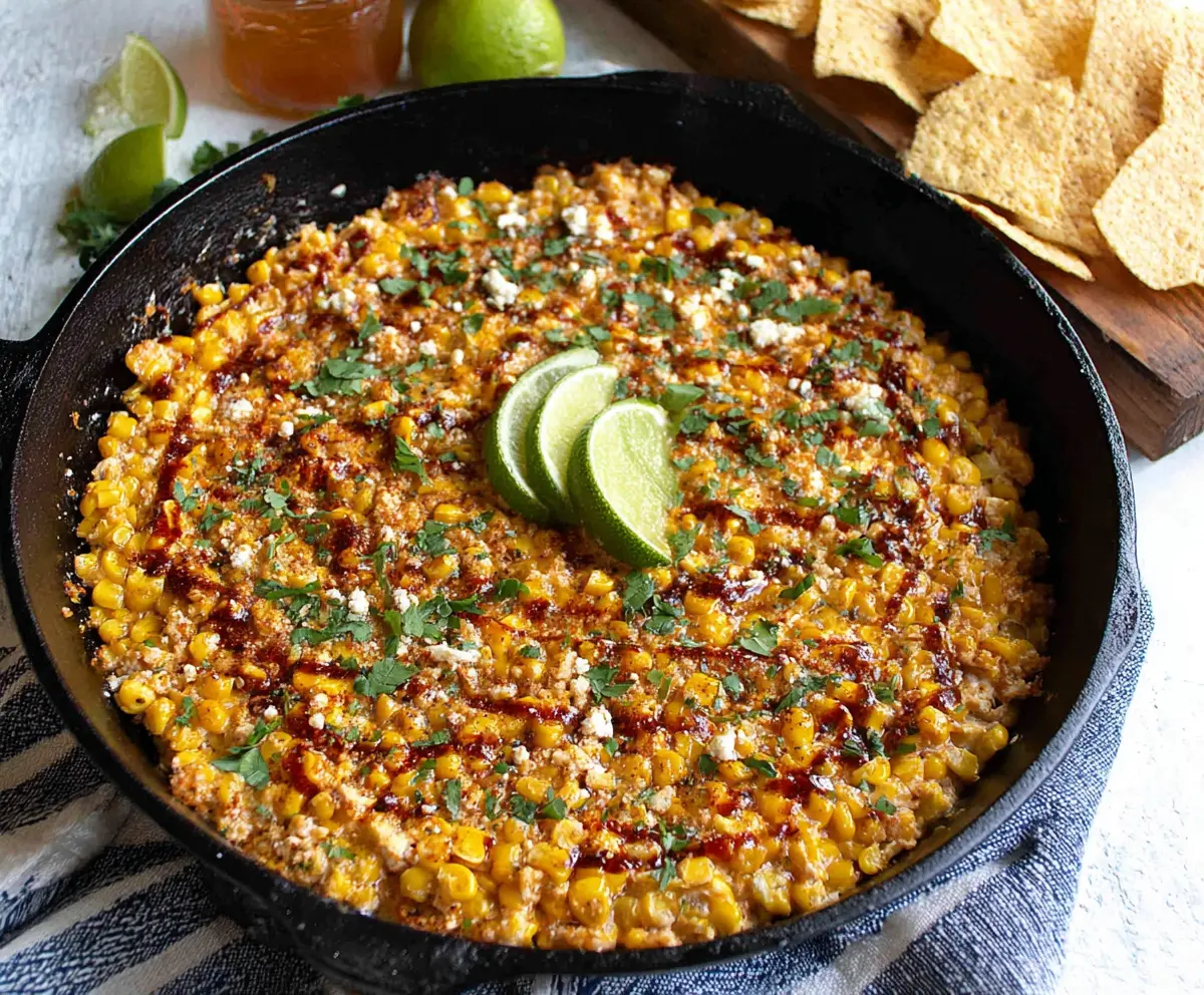 Delicious Mexican street corn skillet dip topped with cheese and cilantro, served in a rustic skillet.