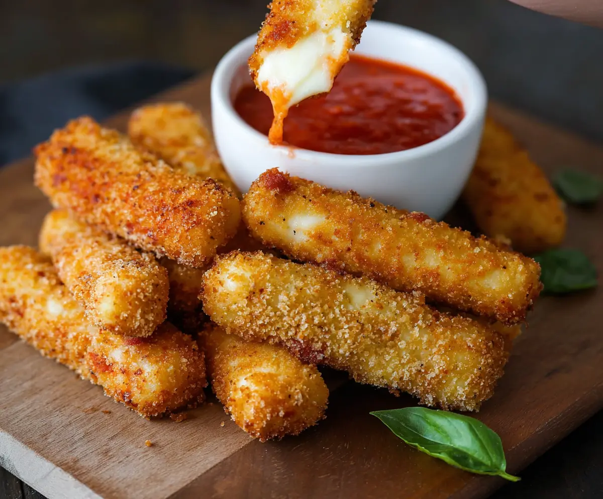 Crispy mozzarella sticks served with a bowl of marinara sauce for dipping.
