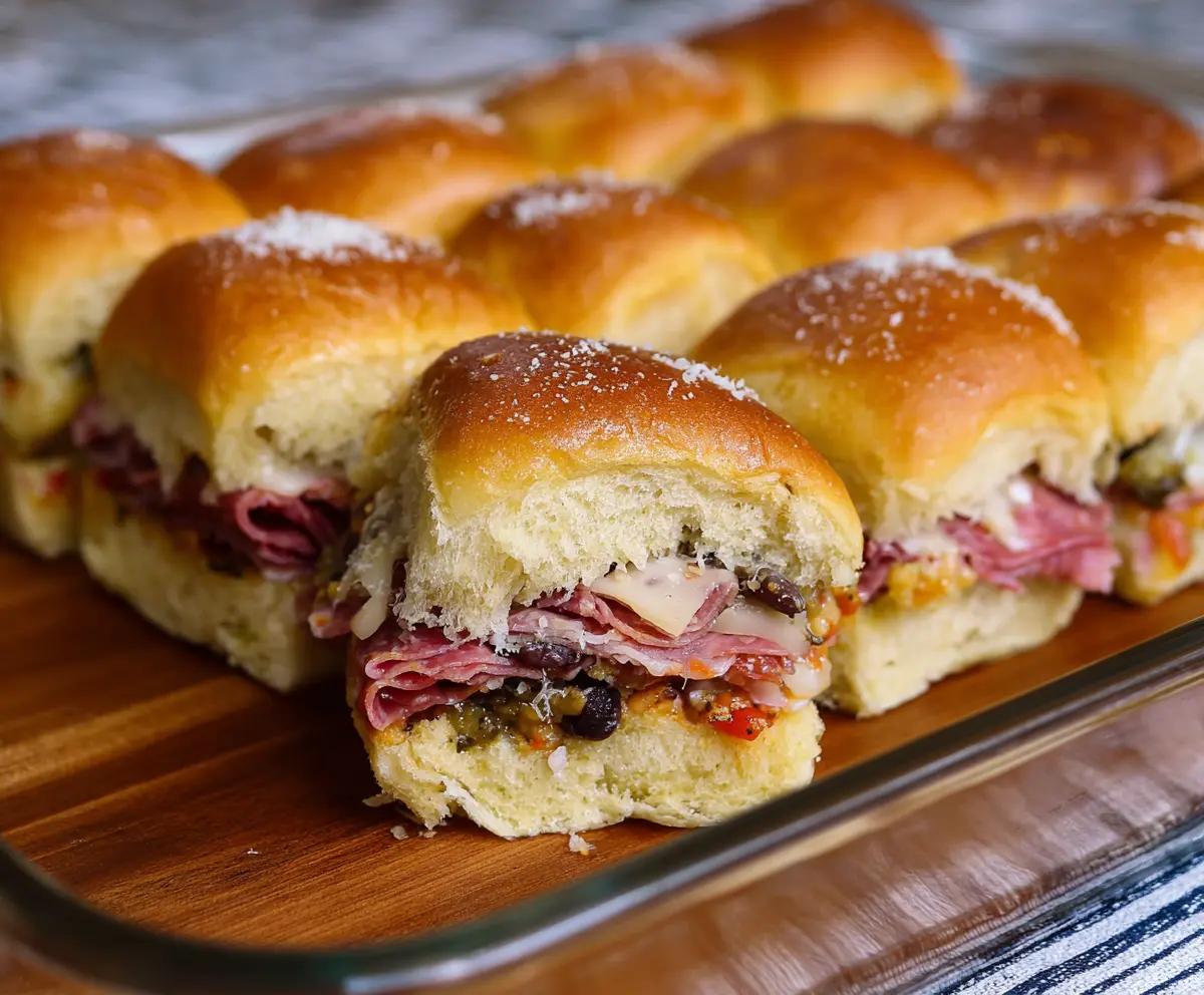 Delicious Muffuletta sliders featuring layers of Italian cold cuts, cheese, and tangy olive salad in a mini bun.