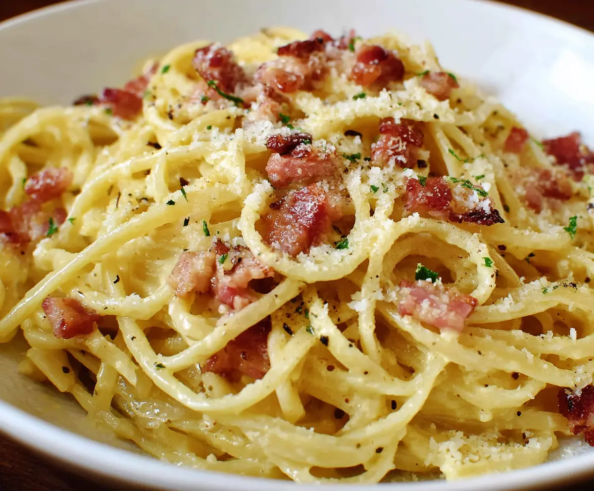 Delicious homemade Pasta Carbonara with crispy pancetta and creamy sauce on a rustic plate.
