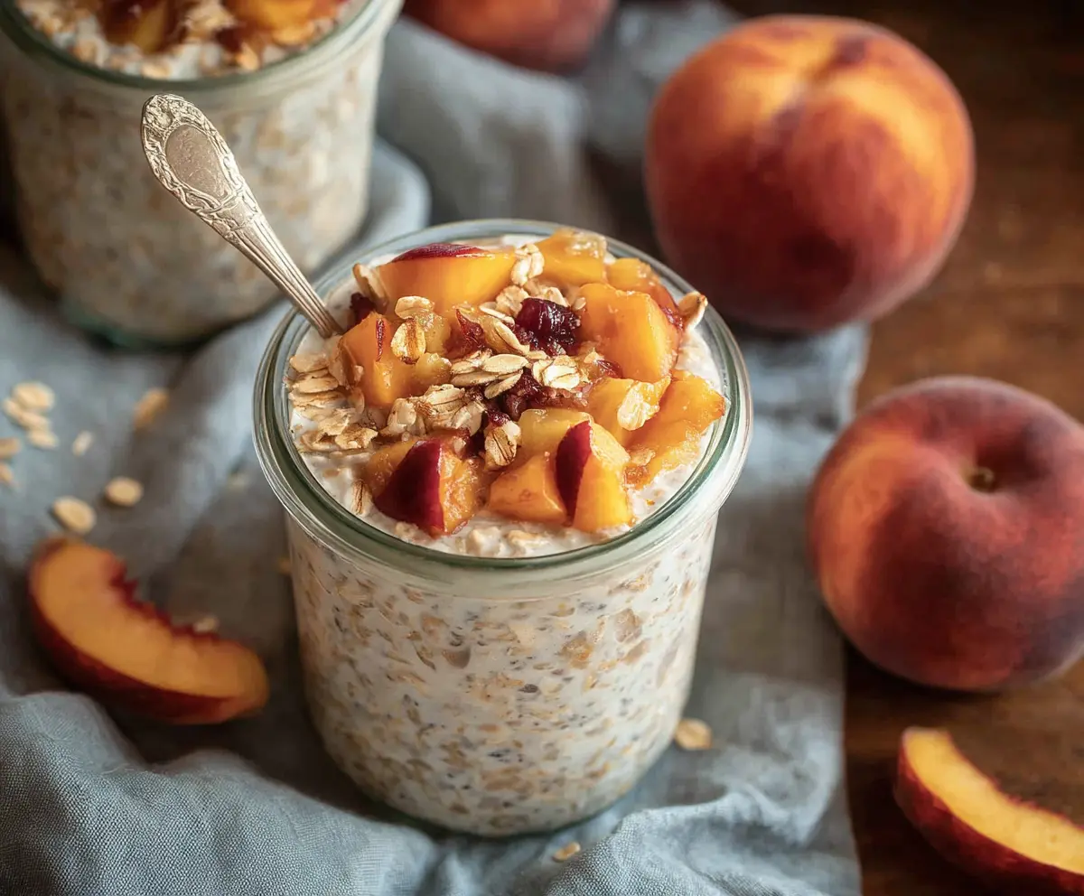Delicious peach cobbler overnight oats in a glass jar with fresh peaches and granola topping