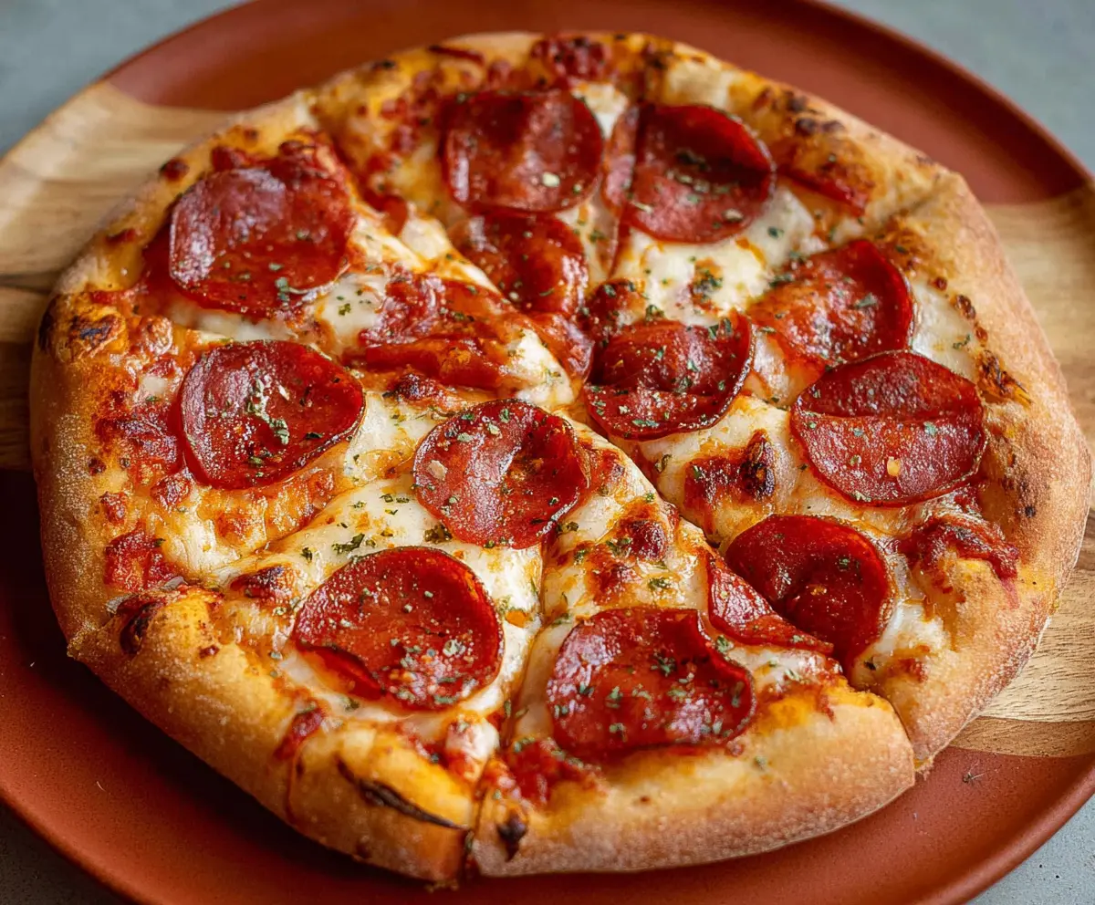 Delicious homemade pepperoni pizza with melted cheese and crispy crust.