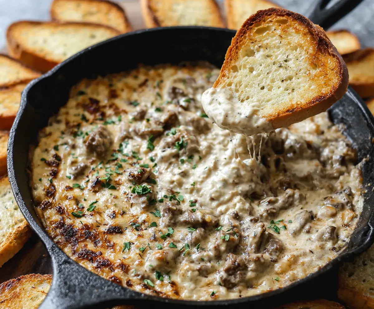 Delicious Philly Cheesesteak Dip topped with melted cheese and tender steak slices, perfect for parties.