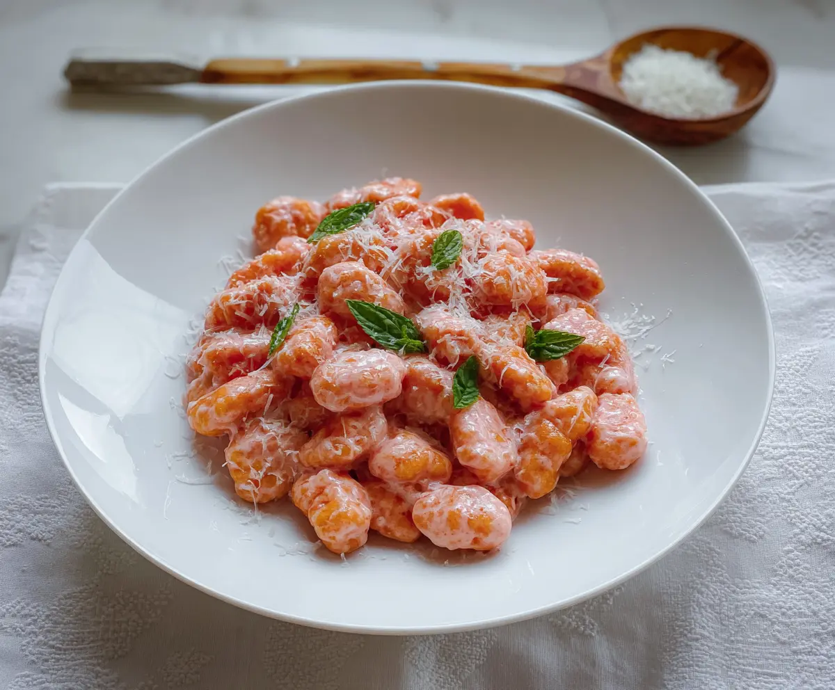 Delicious pink gnocchi served on a plate with fresh herbs for a vibrant meal.