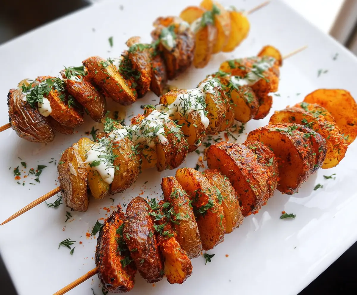 Delicious grilled potato skewers with herbs and spices, perfect for summer barbecues.