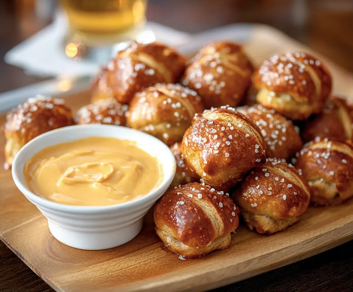 Golden pretzel bites served with creamy beer cheese dip, perfect for snacking.