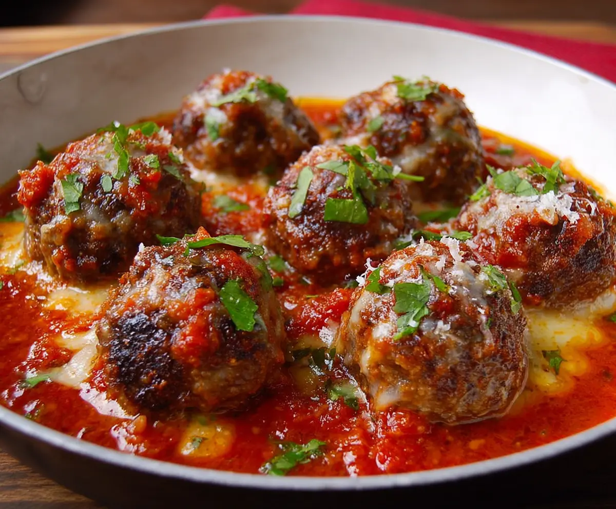 Delicious queso-stuffed meatballs served on a plate with fresh herbs for a savory appetizer.