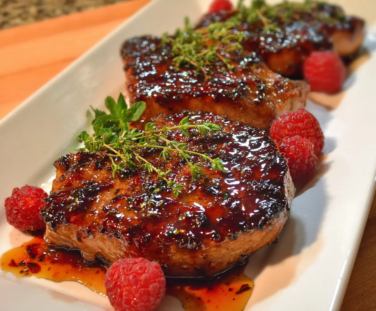 Juicy pork chops glazed with a shiny raspberry sauce, garnished with fresh raspberries on a white plate.