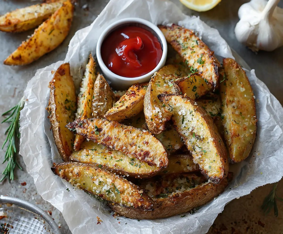 Delicious roasted garlic Parmesan potato wedges served on a plate for a tasty snack or side dish.