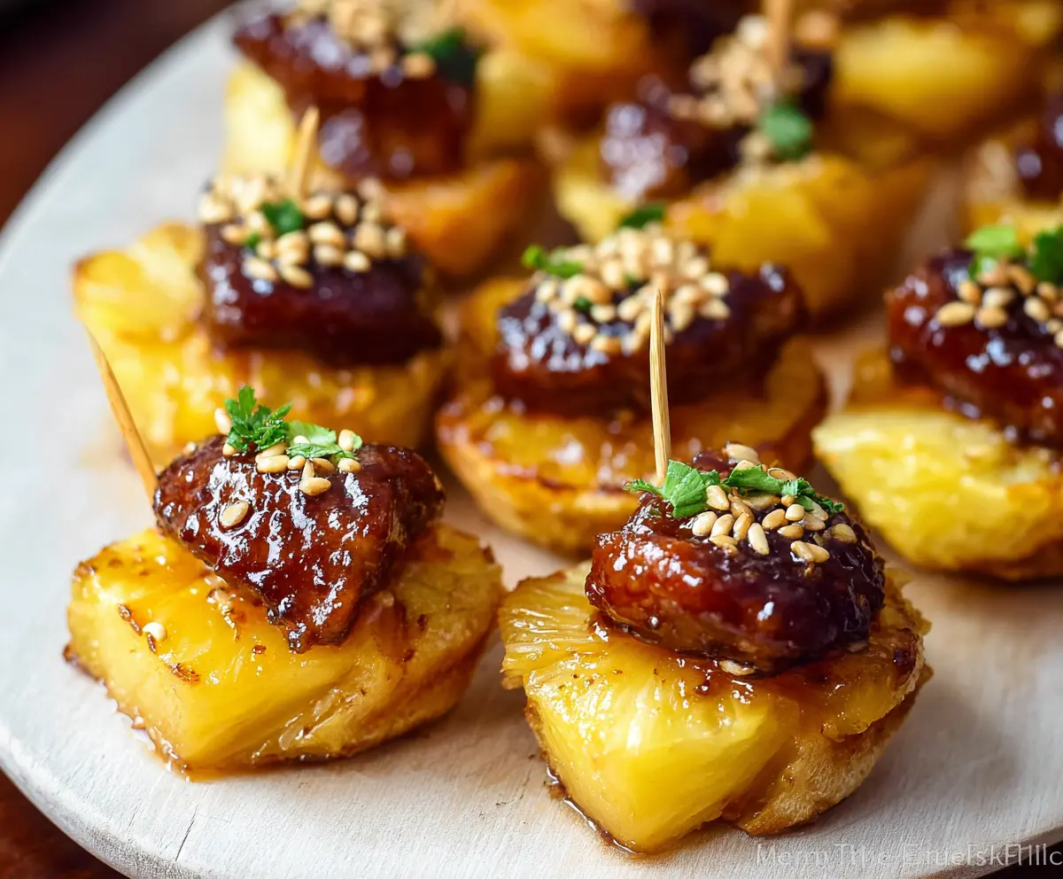 Delicious Sausage Pineapple Bites served as a savory snack with crispy sausage and sweet pineapple chunks.