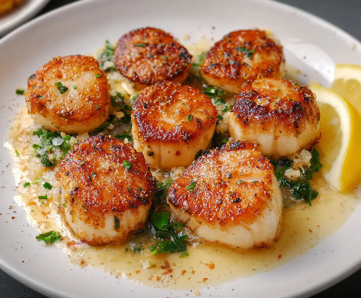 Delicious seared scallops garnished with herbs on a white plate, perfect for a gourmet seafood dish.