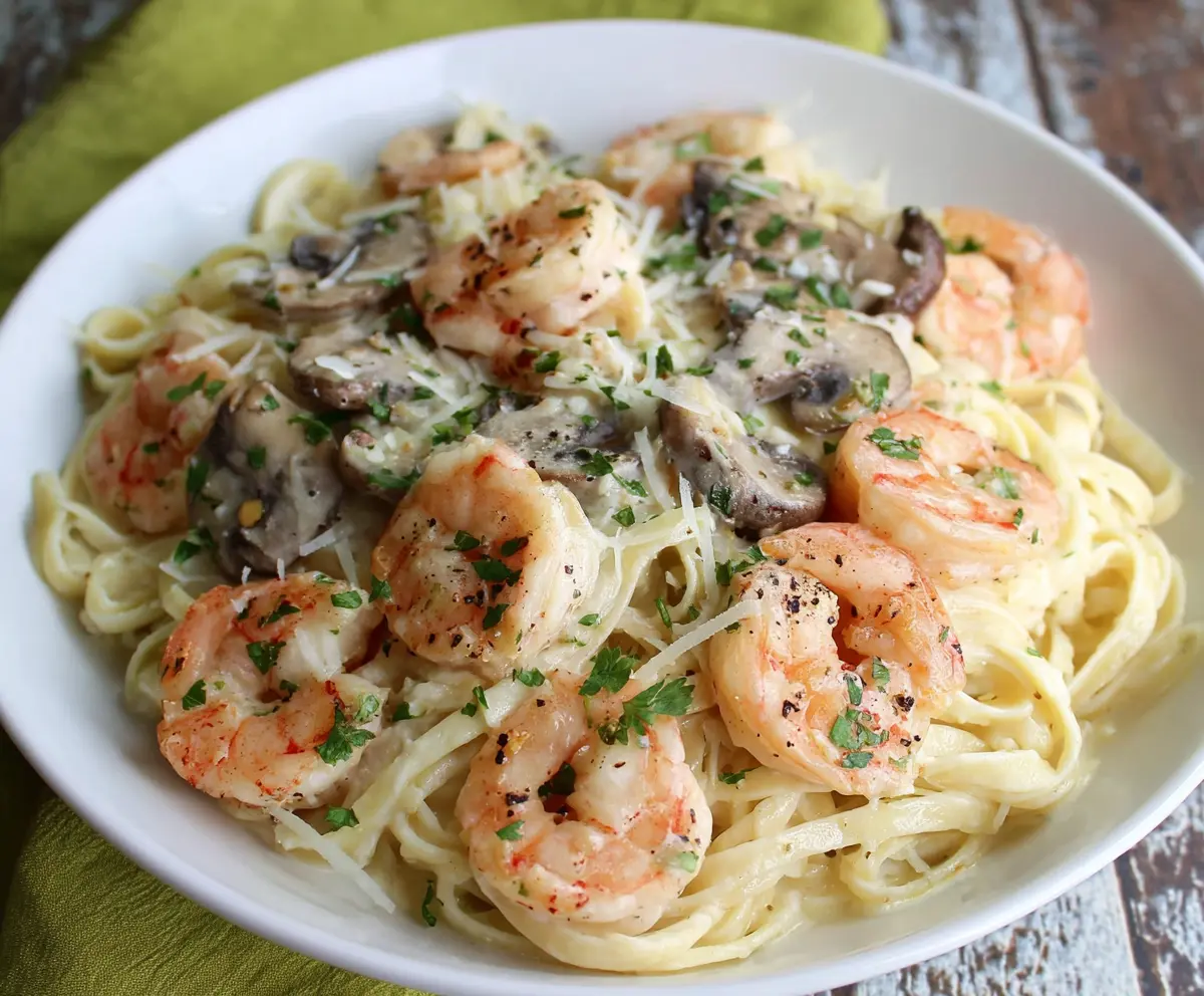Delicious Shrimp Alfredo Pasta with Mushrooms served on a plate, showcasing creamy sauce and fresh ingredients.