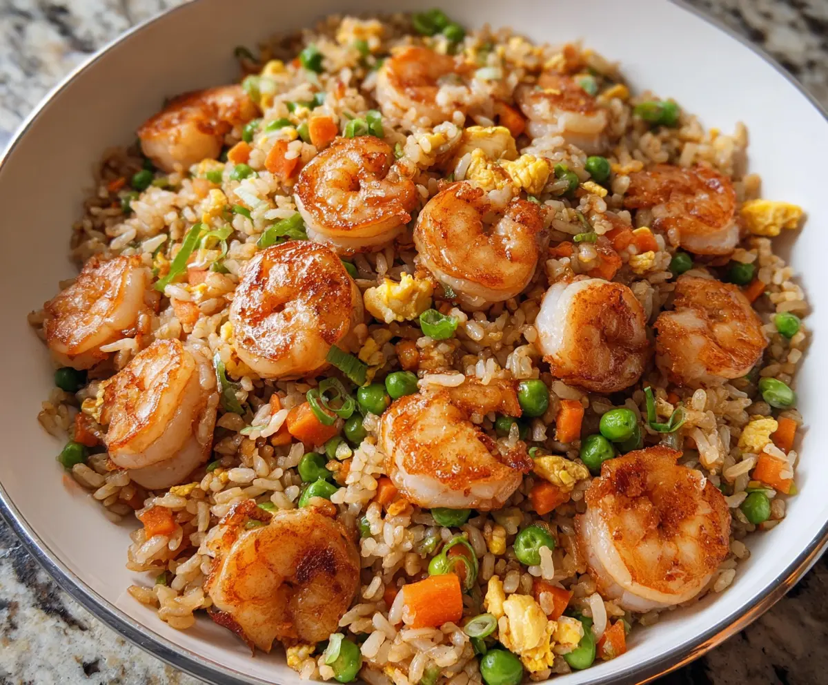 Delicious shrimp fried rice with colorful vegetables and fluffy rice on a plate
