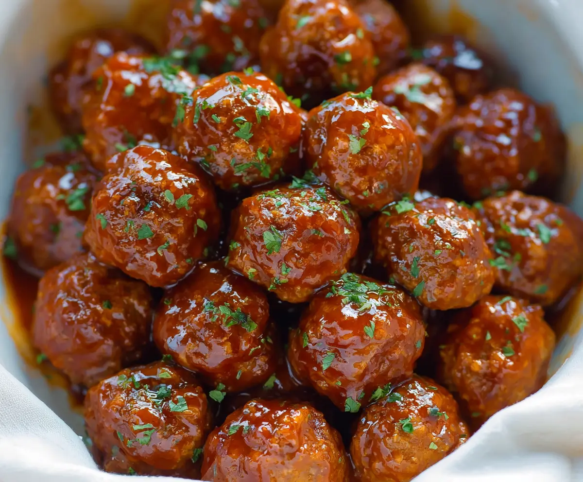 Delicious Slow Cooker Honey Buffalo Meatballs served in a bowl with fresh herbs