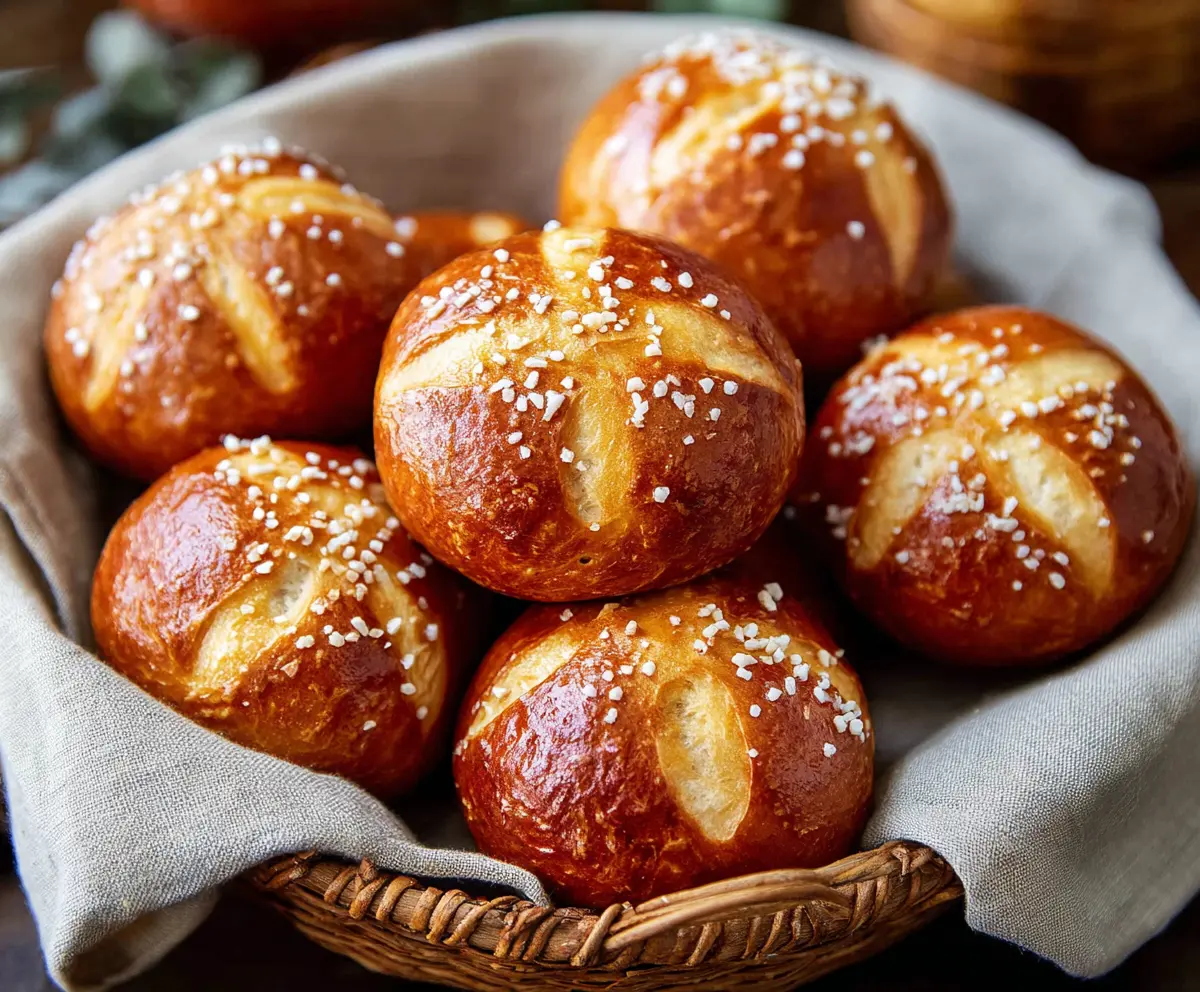 Golden-brown soft pretzel buns fresh out of the oven, perfect for sandwiches and snacks.