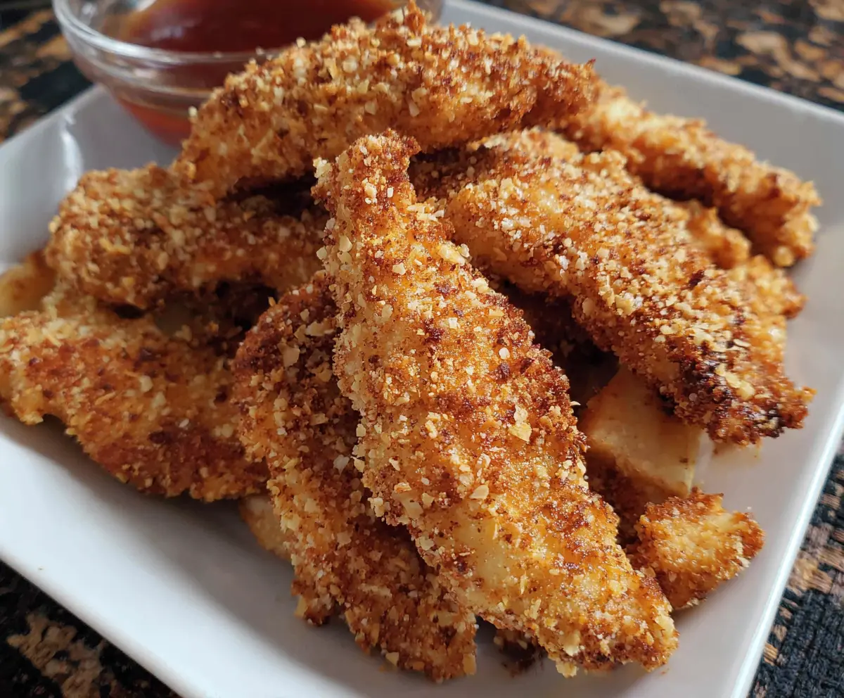 Crispy sourdough discard chicken strips on a plate with dipping sauce