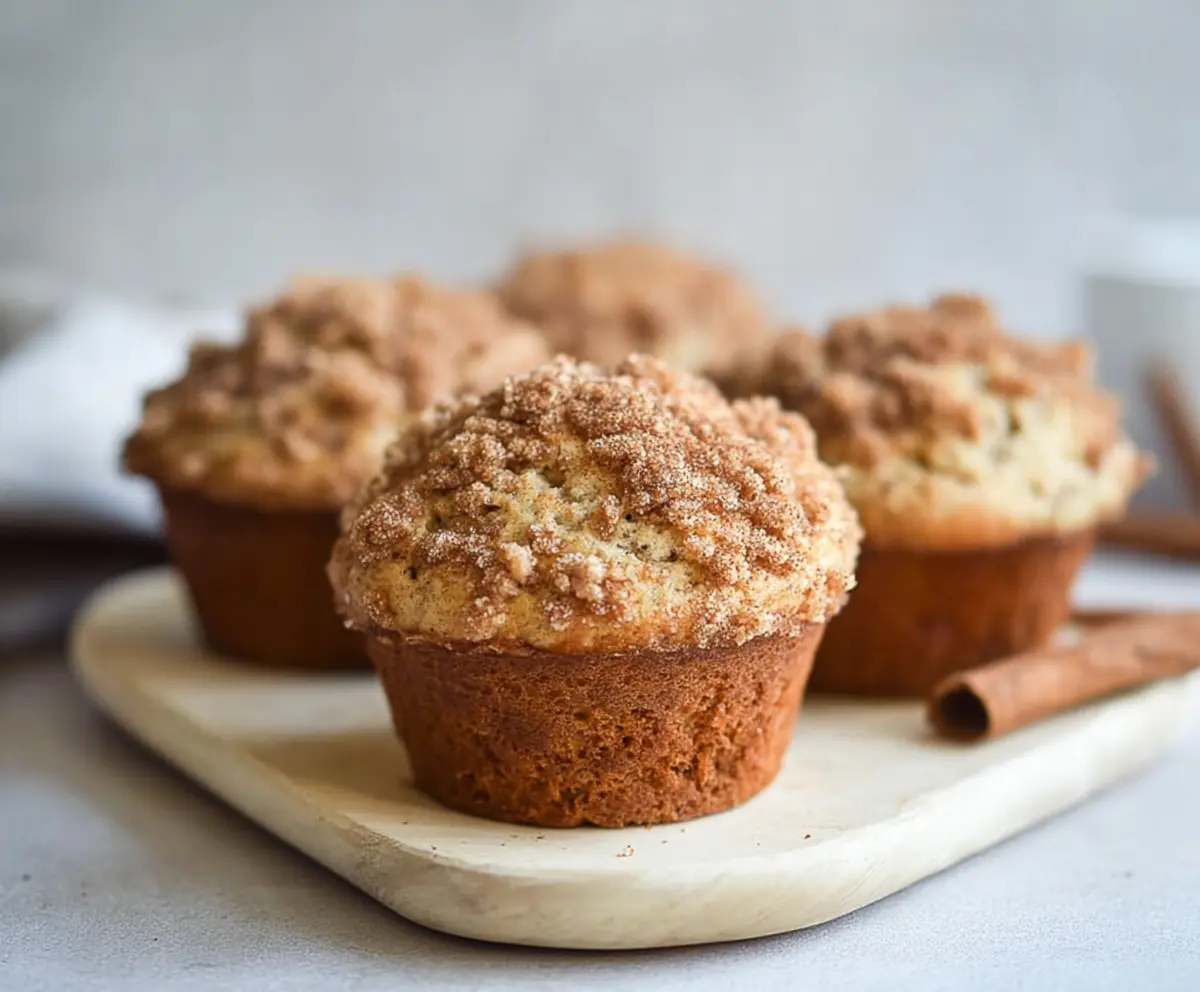 Delicious sourdough discard cinnamon streusel muffins on a plate with streusel topping and a sprinkle of cinnamon.