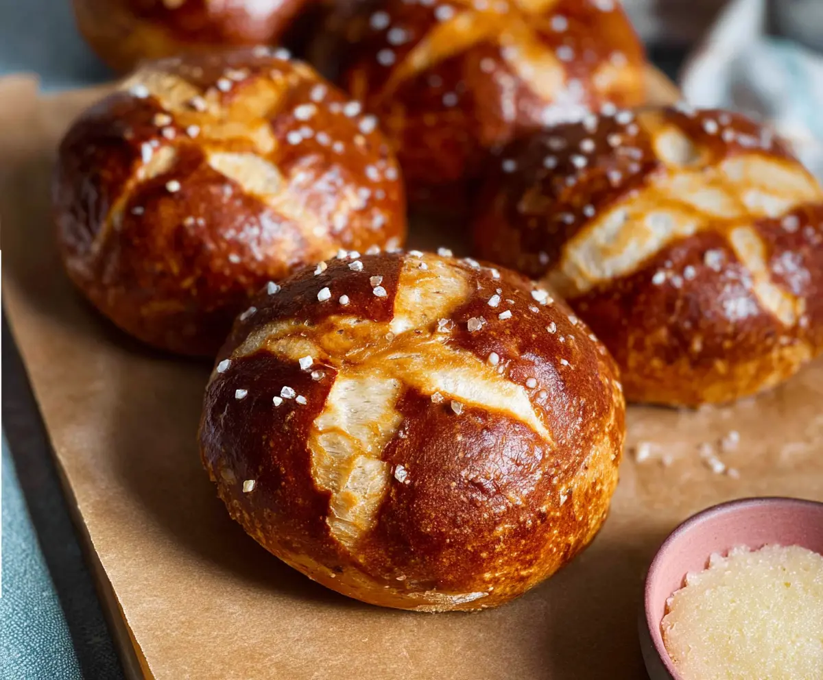 Golden-brown homemade sourdough discard pretzel buns on a baking tray.