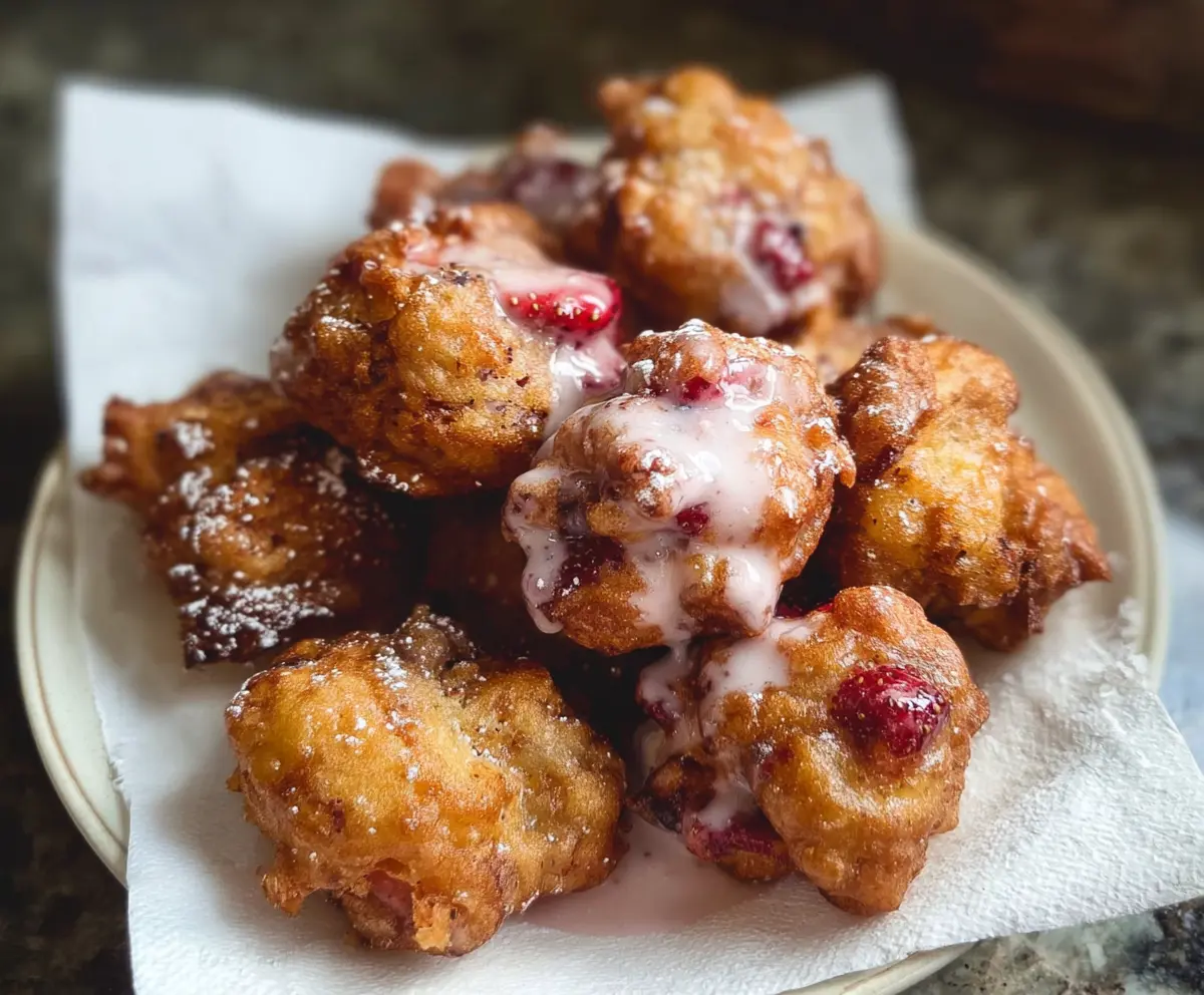 Delicious sourdough discard strawberry fritters ready to serve for breakfast or snack.